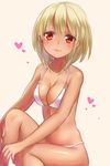  bare_arms bare_legs bare_shoulders bikini blonde_hair breasts cleavage closed_mouth collarbone eyebrows eyebrows_visible_through_hair head_tilt heart highres leg_up looking_at_viewer medium_breasts miyashiro original pink_lips red_eyes short_hair simple_background sitting solo stomach swimsuit tareme thighs white_bikini yellow_background 