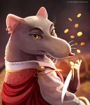  2016 anthro armello clothed clothing coin dagger ear_piercing fur gold_(metal) gold_coin grey_fur looking_at_viewer male mammal melee_weapon mercurio_(armello) piercing rat rodent solo tragobear weapon 