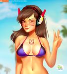  ;) animal_print artist_name bangs bare_shoulders bikini bikini_top blue_bikini blue_sky breasts breasts_apart brown_eyes brown_hair bunny_print chest_tattoo closed_mouth cloud cloudy_sky d.va_(overwatch) day didi_esmeralda facepaint facial_mark headphones headset large_breasts lips long_hair looking_at_viewer navel one_eye_closed overwatch palm_tree patreon_logo patreon_username sky smile solo string_bikini swimsuit tattoo tree upper_body v watermark web_address whisker_markings 