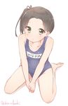  ayanami_(kantai_collection) black_hair green_eyes highres kantai_collection one-piece_swimsuit school_swimsuit shiso_azuki short_hair side_ponytail sitting solo swimsuit wariza 