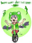  black_eyes black_hair bow commentary dat_boi english frog frog_hat green_bow hair_bow hood hoodie jacket juggling long_hair looking_up meme open_mouth original short_sleeves signature simple_background smile takeuchi_kou text_focus unicycle 