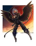  armor armored_boots black_wings boots breasts cleavage company_name covered_mouth feathered_wings flying full_body highres holding holding_weapon looking_at_viewer medium_breasts official_art orange_eyes outstretched_arm pointy_ears ros short_hair silver_hair solo sunset tattoo weapon whip wings wixoss 