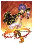  androgynous arm_up ass bangs blue_eyes boots butt_crack clenched_hand company_name eyebrows eyebrows_visible_through_hair eyes_visible_through_hair from_behind full_body gun hair_between_eyes holding holding_weapon looking_at_viewer looking_back midriff official_art open_mouth pointy_ears purple_hair ros short_hair solo thick_eyebrows weapon wixoss 