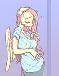  anthro clothed clothing equine eyes_closed female fluttershy_(mlp) friendship_is_magic glacierclear hair hand_on_hair long_hair mammal my_little_pony nipples pants pegasus pink_hair shirt solo translucent wet wet_shirt wings 