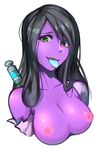  bad_id bad_pixiv_id black_hair blue_tongue breasts cleavage dr._mundo genderswap genderswap_(mtf) green_eyes hi-inu highres large_breasts league_of_legends long_hair looking_at_viewer nipples open_mouth purple_skin saliva sketch solo syringe tongue tongue_out topless 