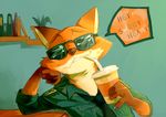  artrockt beverage canine clothing cup dialogue disney eyewear fox invalid_tag looking_at_viewer male mammal nick_wilde police_uniform soda solo sunglasses text uniform zootopia 
