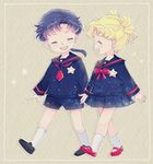  1girl bad_id bad_pixiv_id badge bishoujo_senshi_sailor_moon black_footwear black_hair black_sailor_collar black_skirt blonde_hair bow brown_background child closed_eyes double_bun full_body kneehighs pleated_skirt ponytail red_bow red_footwear sailor_collar saki_(hxaxcxk) school_uniform seiya_kou serafuku shoes short_hair short_twintails shorts skirt smile tsukino_usagi twintails walking white_legwear younger 