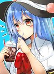  1girl :t black_hat blue_hair blush blush_stickers bow bowtie cola commentary_request drinking_straw food fruit glass hat highres hinanawi_tenshi ice ice_cream ice_cream_float ice_cube long_hair looking_away peach puffy_short_sleeves puffy_sleeves red_bow red_eyes red_neckwear root_beer shirt short_sleeves solo touhou upper_body very_long_hair white_shirt wing_collar yuhito_(ablbex) 