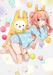  :o animal_ears blue_eyes blush bunny_ears fly_(marguerite) hand_on_own_face long_hair loungewear original pink_hair pom_pom_(clothes) shorts slippers solo stuffed_animal stuffed_bunny stuffed_toy thighhighs twintails 