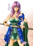  angry bad_id bad_pixiv_id belt bracer breasts check_translation cleavage coat dress faris_scherwiz final_fantasy final_fantasy_v green_eyes headband highres large_breasts long_hair looking_at_viewer off_shoulder purple_hair rioreo scabbard sheath short_dress solo sweat sword translation_request unsheathing weapon 