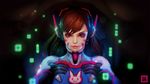  animal_print armor artist_name bangs bodysuit brown_eyes brown_hair bunny_print closed_mouth cube d.va_(overwatch) eyelashes facepaint facial_mark headphones high_collar highres hologram lips long_hair looking_at_viewer overwatch pauldrons phungdinhdung pilot_suit pink_lips ribbed_bodysuit shoulder_pads solo turtleneck upper_body whisker_markings 