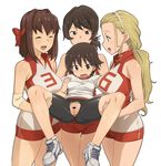  bar_censor bike_shorts black_eyes black_hair blonde_hair breasts brown_hair carrying censored closed_eyes clothes_writing elbow_pads flat_chest girl_sandwich girls_und_panzer gym_shorts gym_uniform hair_pulled_back hairband isobe_noriko kawanishi_shinobu kondou_taeko large_breasts multiple_girls no_panties ponytail pussy sandwiched sasaki_akebi shirt shoes short_hair short_shorts shorts simple_background sleeveless sleeveless_shirt smile sneakers sportswear spread_legs tenchisouha torn_bike_shorts torn_clothes volleyball_uniform white_background yuri 