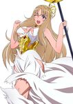  aquila_yuna blue_eyes breasts brown_hair cleavage collar dress highres holding large_breasts long_hair one_eye_closed open_mouth saint_seiya_omega simple_background solo staff torn_clothes torn_dress white_background white_dress yadokari_genpachirou 