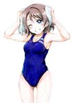  bare_shoulders blue_eyes brown_hair competition_swimsuit grin love_live! love_live!_sunshine!! minami074 one-piece_swimsuit short_hair smile solo standing swimsuit towel watanabe_you wet wet_clothes wet_swimsuit 