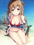  :o arm_support asuna_(sao) beach bikini bikini_under_clothes blush breasts brown_eyes brown_hair cleavage front-tie_bikini front-tie_top long_hair looking_at_viewer medium_breasts navel partially_submerged school_uniform shiny shiny_skin side-tie_bikini solo sousouman striped swimsuit swimsuit_under_clothes sword_art_online thigh_gap undressing 