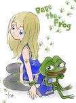  black_legwear blonde_hair blue_eyes blue_shorts boy's_club bracelet character_name chin_rest commentary jewelry kneeling long_hair looking_at_viewer meme original pepe_the_frog shorts signature simple_background takeuchi_kou tank_top thighhighs white_background 