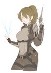  3four alternate_hairstyle arm_guards armor belt brown_eyes brown_hair coppelion cowboy_shot electricity fingerless_gloves gloves grin gun handgun holster looking_at_viewer ozu_kanon ponytail revolver shoulder_armor shoulder_holster smile solo weapon white_background 