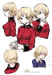  absurdres blonde_hair blue_eyes braid character_sheet chuzenji collared_shirt commentary_request cup darjeeling flying_sweatdrops girls_und_panzer highres jacket long_sleeves military_jacket multiple_views necktie pinky_out red_jacket school_uniform shirt short_hair sketch smile st._gloriana's_military_uniform sweater teacup tied_hair twin_braids v-neck white_background white_shirt 