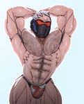  1boy abs body_hair bulge male_focus mask msucle overwatch pecs silver_hair solo topless underwear 