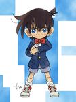  bow bowtie brown_hair buttons child commentary edogawa_conan full_body glasses jacket looking_at_viewer male_focus meitantei_conan red_bow red_neckwear shoes shorts signature sneakers solo takeuchi_kou watch white_legwear wristwatch 