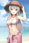  :d adapted_costume arm_behind_back arm_up beach bikini breasts cleavage cloud cloudy_sky collarbone commentary cowboy_shot day floral_print front-tie_bikini front-tie_top hand_on_headwear hat hat_ribbon highres horizon isegawa_yasutaka kantai_collection long_hair looking_at_viewer medium_breasts navel ocean open_mouth outdoors ribbon sarong shoukaku_(kantai_collection) sky smile solo standing straw_hat swimsuit water white_bikini white_hair yellow_eyes 