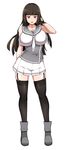  1girl black_legwear breasts brown_hair curvy female garter_straps hand_behind_head hime_cut huge_breasts long_hair looking_at_viewer miniskirt original red_eyes school_uniform shirt shoes simple_background skirt solo standing thighhighs white_background willyway 