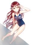  ancotaku arm_support bare_arms bare_legs bare_shoulders barefoot blue_swimsuit competition_swimsuit from_above full_body hair_ornament hand_over_eye long_hair looking_at_viewer love_live! love_live!_sunshine!! one-piece_swimsuit red_hair sakurauchi_riko sitting smile solo swimsuit yellow_eyes 