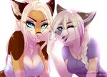  2016 anthro blue_eyes braided_hair breasts brown_fur canine clothed clothing duo ear_piercing eyelashes female fingers fur gradie gradiewoof green_eyes grey_nose hair heterochromia_iridum ita_(character) looking_at_viewer mammal one_eye_closed open_mouth piercing pink_nose pink_tongue simple_background tan_fur teeth tongue white_background white_fur white_hair wink wolf 