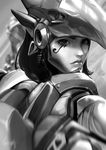  armor bodysuit braid closed_mouth dark_skin eye_of_horus facial_mark facial_tattoo greyscale hair_tubes helmet highres lips looking_at_viewer monochrome overwatch pauldrons pharah_(overwatch) power_armor power_suit shoulder_pads side_braids sidelocks solo tattoo turtleneck upper_body white_background 