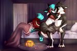 anthro bed canine clothed clothing dk- duo girly halloween holidays male male/male mammal one_eye_closed pillow red_panda sitting smile tongue tongue_out topless 