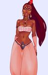  armlet breasts cleavage dark_skin earrings eyebrows fingerless_gloves gerudo gloves high_ponytail highres jewelry medium_breasts midriff nabooru navel ponytail protected_link red_hair solo the_legend_of_zelda the_legend_of_zelda:_ocarina_of_time thick_eyebrows yellow_eyes 