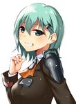  alternate_hair_length alternate_hairstyle aqua_eyes aqua_hair ascot breasts collared_shirt commentary_request horosuke_(toot08) kantai_collection long_sleeves looking_at_viewer looking_to_the_side medium_breasts school_uniform shirt short_hair simple_background solo suzuya_(kantai_collection) teeth white_background 