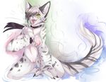  anthro areola breasts clitoris collar dk- fangs feline female kneeling leash looking_at_viewer mammal navel nipples nude one_eye_closed open_mouth pussy saliva simple_background smile solo striped_tail stripes teeth 