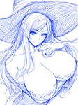  angelo_(gomahangetsu) breasts cleavage dragon's_crown hat highres huge_breasts long_hair looking_at_viewer monochrome sketch smile solo sorceress_(dragon's_crown) witch_hat 