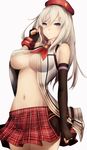  alisa_ilinichina_amiella bad_id bad_twitter_id black_gloves blue_eyes breasts cabbie_hat elbow_gloves fingerless_gloves gloves god_eater god_eater_2:_rage_burst hat highres inaba_sunimi large_breasts long_hair looking_at_viewer miniskirt navel silver_hair simple_background skirt smile solo underboob white_background 