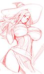  angelo_(gomahangetsu) breasts dragon's_crown hat highres huge_breasts long_hair looking_at_viewer monochrome sketch smile solo sorceress_(dragon's_crown) witch_hat 