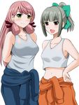  akashi_(kantai_collection) alternate_costume arms_behind_back bare_arms bare_shoulders blue_pants bow breasts brown_eyes commentary_request eyebrows eyebrows_visible_through_hair green_bow green_eyes green_hair highres kantai_collection large_breasts long_hair looking_at_viewer medium_breasts multiple_girls navel open_mouth orange_pants pants pink_hair ponytail simple_background sparkle tank_top white_background yano_toshinori yuubari_(kantai_collection) 