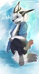  anthro canine clothed clothing dk- ear_piercing female looking_at_viewer mammal piercing simple_background sitting smile solo 