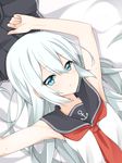  adapted_costume anchor_symbol armpits arms_up bare_shoulders bed_sheet black_skirt blue_eyes closed_mouth expressionless eyebrows eyebrows_visible_through_hair from_above hair_between_eyes hibiki_(kantai_collection) highres kantai_collection long_hair looking_at_viewer looking_up neckerchief pleated_skirt rateratte school_uniform serafuku shirt silver_hair skirt skirt_removed sleeveless sleeveless_shirt solo sweatdrop 