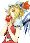  apple arm_garter blonde_hair blue_ribbon crystal flandre_scarlet food from_side fruit hair_ribbon hat hat_ornament hat_ribbon holding holding_food holding_fruit lace lace-trimmed_ribbon looking_at_viewer mob_cap parted_lips puffy_short_sleeves puffy_sleeves red_eyes red_ribbon red_vest ribbon short_sleeves side_ponytail skirt skirt_set solo touhou tsurukame upper_body vest wings 