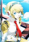  aegis_(persona) artist_request blonde_hair breasts hair_ornament highres looking_at_viewer medium_breasts official_art persona persona_3 robot short_hair sitting smile solo 