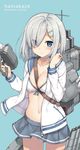  alternate_costume between_breasts blue_eyes breasts commentary_request hair_ornament hair_over_one_eye hairclip hamakaze_(kantai_collection) kantai_collection long_sleeves medium_breasts navel pleated_skirt school_uniform serafuku short_hair silver_hair skirt solo strap_cleavage takayaki turret 