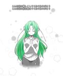  bad_id bad_pixiv_id breasts closed_eyes green_hair hands_clasped higurashi_no_naku_koro_ni large_breasts long_hair marimo_(yousei_ranbu) monochrome own_hands_together praying sleeveless sleeveless_turtleneck solo sonozaki_shion spot_color thumbnail_surprise translated transparent_background turtleneck wading 