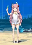  :&gt; aurora_(pso2) beach black_bow blush bow bucket closed_mouth collarbone day drill_hair flat_chest full_body hair_bow hair_ornament highres holding long_hair one-piece_swimsuit outdoors phantasy_star phantasy_star_online_2 pink_hair purple_eyes rake shoes sky smile sody solo standing swimsuit very_long_hair white_footwear white_swimsuit 
