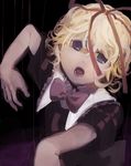  black_background blonde_hair crying crying_with_eyes_open hair_ribbon highres looking_at_viewer medicine_melancholy nurupo_(abooon) open_mouth ribbon solo tears teeth thread touhou 