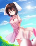  absurdres alternate_breast_size animal_ears arms_behind_back black_hair blue_sky breasts brown_eyes bunny bunny_ears bunny_tail cloud commentary_request day dress floppy_ears highres inaba_tewi koissa looking_at_viewer medium_breasts outdoors pink_dress puffy_short_sleeves puffy_sleeves ribbon-trimmed_sleeves ribbon_trim short_hair short_sleeves sky solo standing tail touhou 