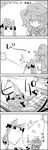  4koma animal_ears backpack bag bow braid cat_ears cat_tail comic commentary ghost greyscale hair_bow hat highres kaenbyou_rin kawashiro_nitori key laser_pointer monochrome multiple_tails shoujo_kitou-chuu tail tani_takeshi touhou translated twin_braids twintails yukkuri_shiteitte_ne 