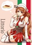  arm_support bare_shoulders blush breasts brown_eyes brown_hair character_name commentary detached_sleeves english_commentary food full_body garter_straps hat hat_feather highres imagining italian italian_flag italy kantai_collection large_breasts littorio_(kantai_collection) long_hair long_sleeves looking_at_viewer makumaxu miniskirt necktie open_mouth pasta ponytail red_neckwear red_skirt skirt solo spaghetti thighhighs very_long_hair wavy_hair white_legwear zettai_ryouiki 
