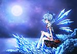  blue_eyes blue_hair blush bow cirno dress grass hair_bow highres ice ice_wings karadborg large_bow loafers looking_at_viewer night puffy_short_sleeves puffy_sleeves shoes shoes_removed short_hair short_sleeves sitting smile socks solo touhou wings 