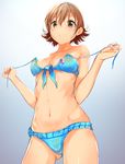  aqua_bikini ass_visible_through_thighs bikini blue_bikini breasts brown_hair cleavage collarbone cowboy_shot from_below grey_background hair_between_eyes heart highres honda_mio idolmaster idolmaster_cinderella_girls looking_at_viewer looking_down medium_breasts navel pink_lips pulled_by_self q_(ed69) shiny shiny_skin short_hair simple_background solo stomach strap_pull swimsuit tareme undressing untied untied_bikini yellow_eyes 